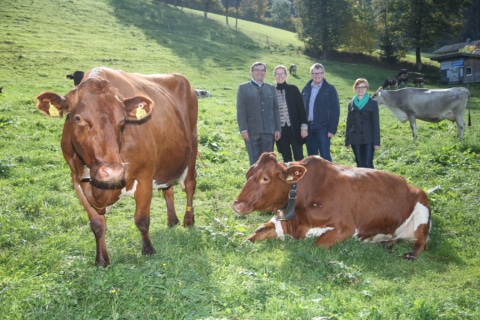 (v.l.) Rudolf Rogl (Geschäftsführer, ARGE Rind), Ursula Riegler (Unternehmenssprecherin, McDonald’s Österreich), Stefan Lindner (Schörgererhof), Manuela Miller (Qualitätssicherung, OSI Food Solutions)