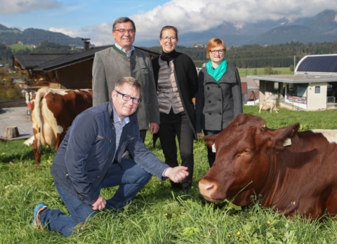 (v.l.) Stefan Lindner (Schörgererhof), Rudolf Rogl (Geschäftsführer, ARGE Rind), Ursula Riegler (Unternehmenssprecherin, McDonald’s Österreich), Manuela Miller (Qualitätssicherung, OSI Food Solutions)