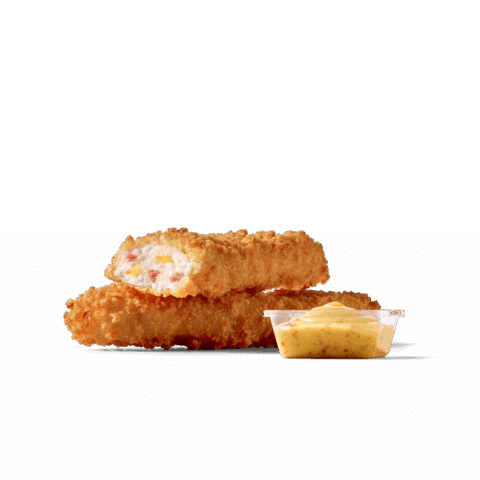 Zwei knusprige Cordon Bleu Stripes aus Chicken, Putenschinken und Käse mit Honig-Senf Sauce