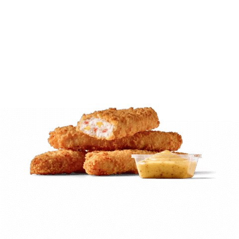 Vier knusprige Cordon Bleu Stripes aus Chicken, Putenschinken und Käse mit Honig-Senf Sauce