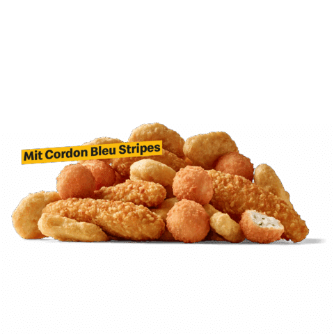 Eine Vielzahl von knusprigen Snacks, nämlich Chicken McNuggets, Cordon Bleu Stripes aus Chicken, Putenschinken und Käse sowie Cream Cheese Balls, also frittierten Frischkäse-Bällchen.