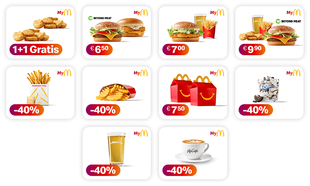 10 Gutscheine für McDonald's-Produkte, die in der McDonald's App verfügbar sind, nämlich 1+1 gratis 6er Chicken McNuggets, 2 Burger, nämlich McPlant und McFish, um € 6,50, ein McMenü mit McChicken, Pommes und Almdudler