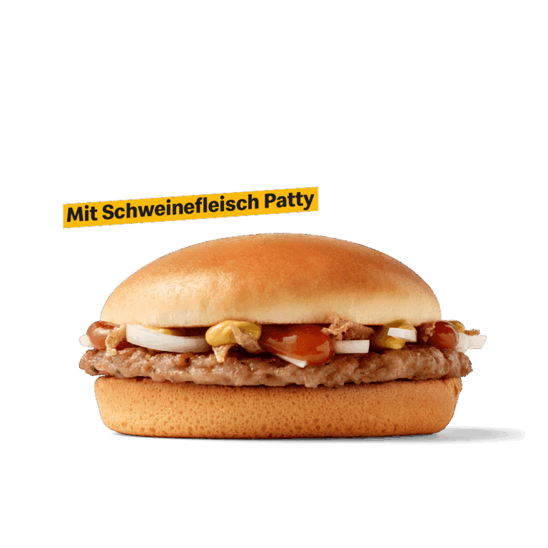 Curry Pork Burger ist ein Hamburger mit Schweinefleisch Patty, würziger Curry Sauce und knusprige Röstzwiebeln, abgeschmeckt mit einer Portion Senf.