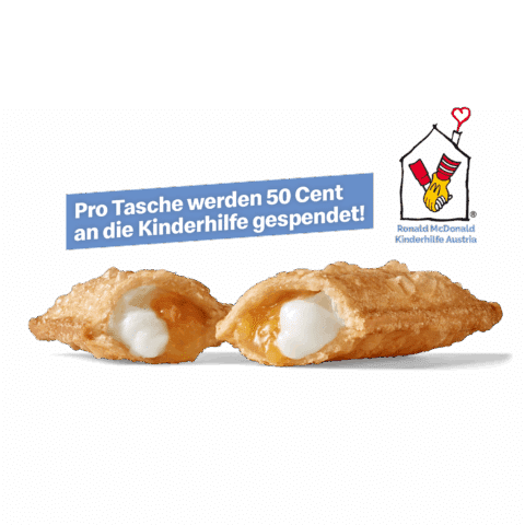 Knusprige frittierte Teigtasche mit Pfirsich-Joghurt-Füllung, halbiert, daneben der Hinweis: „Pro Tasche werden 50 Cent an die Kinderhilfe gespendet.“