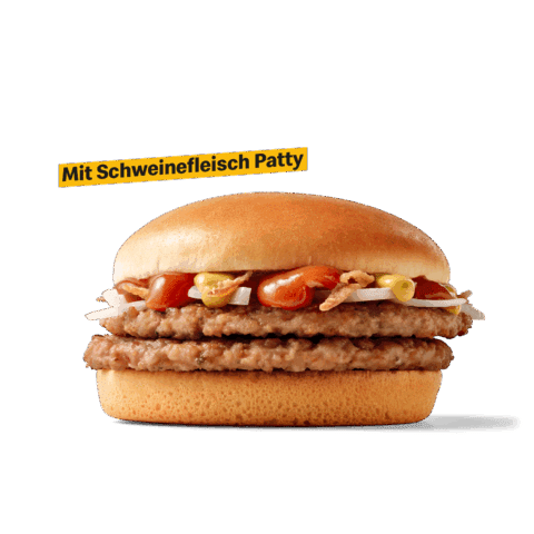 Burger mit zwei Schweinefleisch Patties, Zwiebeln, Ketchup und Senf in einem Brötchen