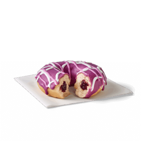 Donut mit violetter Heidelbeer-Glasur und weiß-pinker Zuckerdekoration.