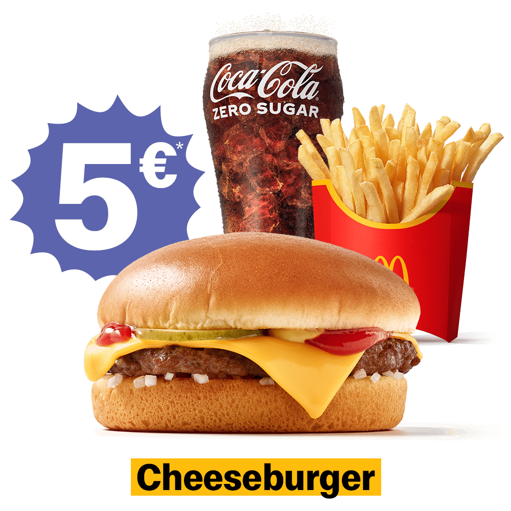 Ein köstlicher Cheeseburger mit einer Portion Pommes und einem Glas Coca-Cola Zero Sugar für nur 5 €.