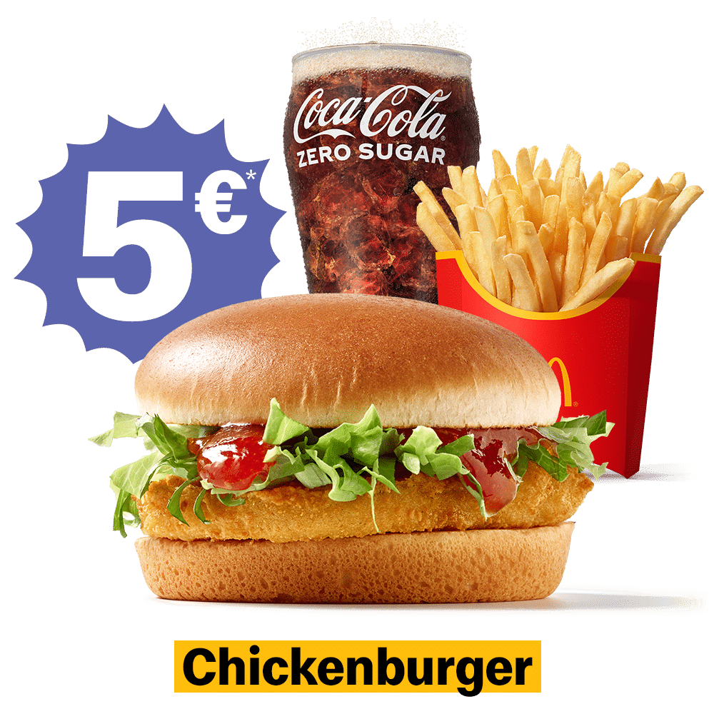 Ein köstlicher Chickenburger mit frischem Salat und Soße, serviert mit Pommes und einem Glas Coca-Cola Zero Sugar für 5 Euro.