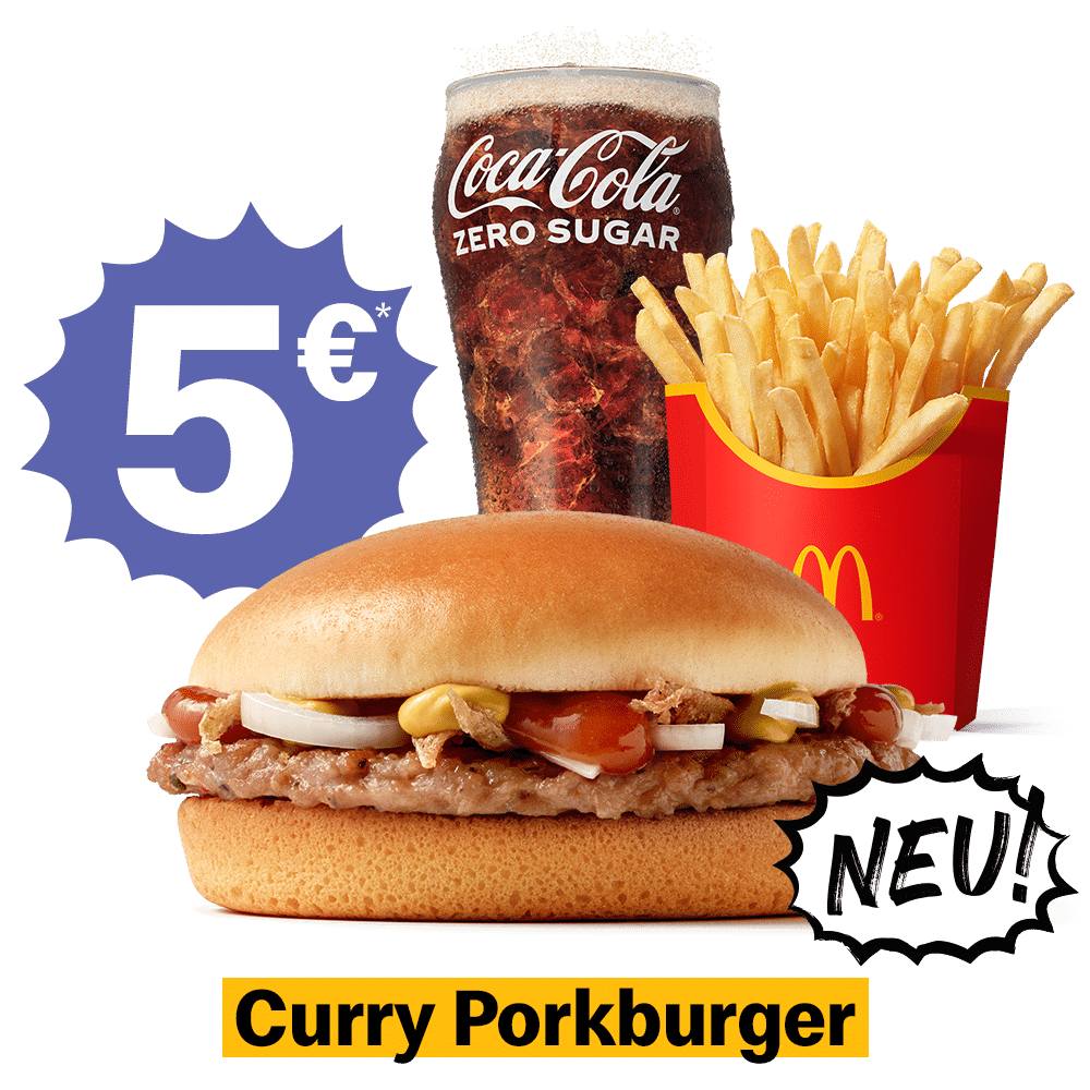 Ein Curry Porkburger mit Pommes und Coca-Cola Zero Sugar für 5 Euro, beworben als neues Menü bei McDonald's.