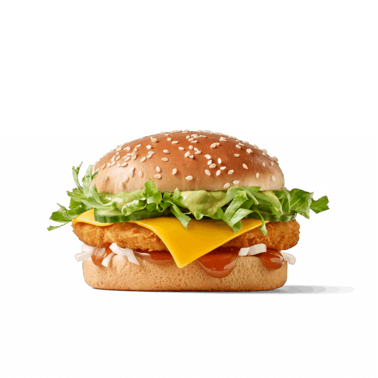 Burger mit knusprigem Chicken-Patty, Schmelzkäse, Gurke, Salat und einer kräftigen Kombination aus Teriyaki- und Wasabi-Sauce.