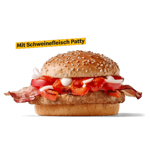Burger mit saftigem Schweinefleisch-Patty, gebratenem Speck, würziger Ajvar-Sauce sowie frischer Paprika, Zwiebeln und Tomaten.
