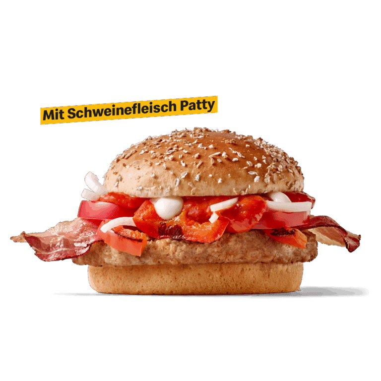 Burger mit saftigem Schweinefleisch-Patty, gebratenem Speck, würziger Ajvar-Sauce sowie frischer Paprika, Zwiebeln und Tomaten.
