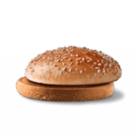 Ein runder Brötchen mit Haferflocken auf der Oberseite, der auf einem anderen Brötchen liegt.