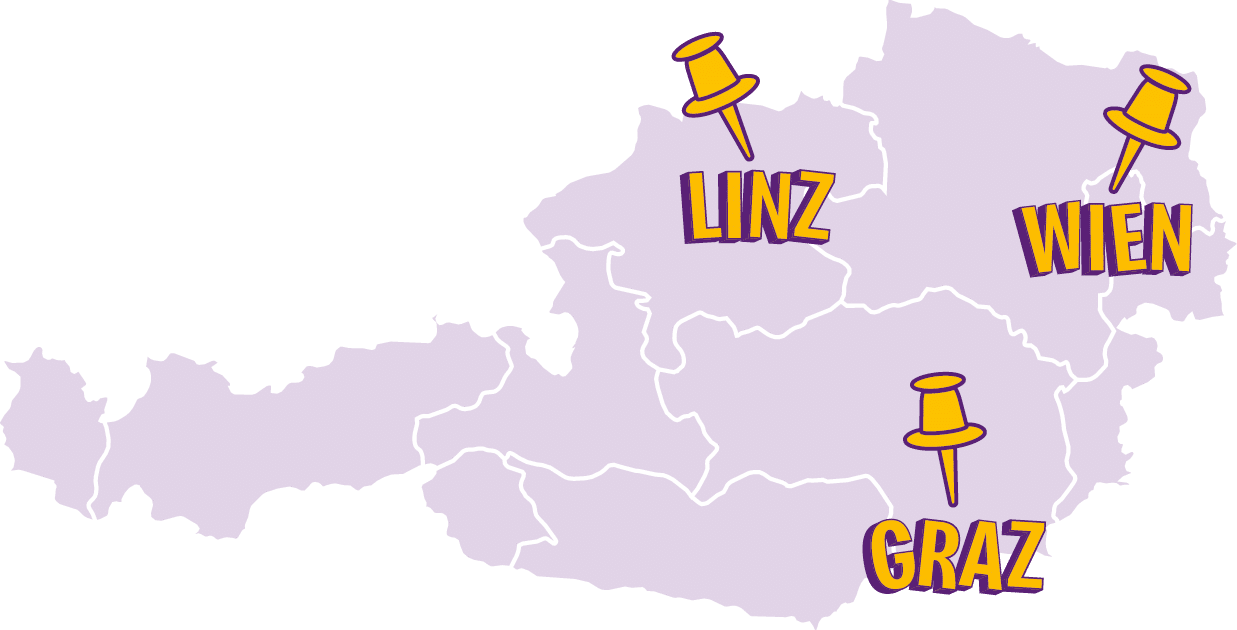 Karte von Österreich mit markierten Städten Linz, Wien und Graz