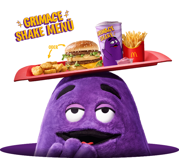 Grimace präsentiert das Grimace Shake Menü mit Burger, Pommes und Getränk.