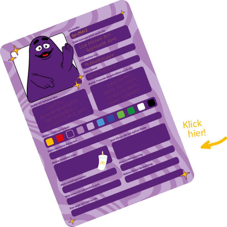 Ein bunt gestaltetes Informationsblatt über Grimace, einen lila Charakter, mit verschiedenen persönlichen Angaben und einem Hinweis zum Klicken.