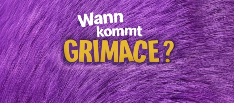 Lila Hintergrund mit dem Text 'Wann kommt GRIMACE?' in bunten Buchstaben