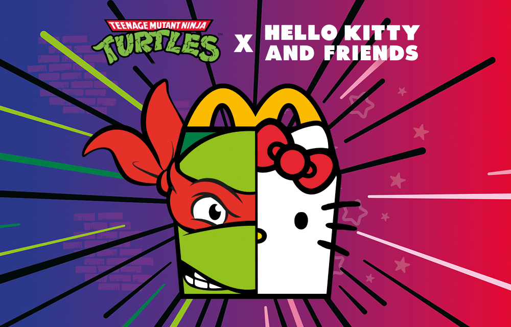 Grafik mit dem Logo der Teenage Mutant Ninja Turtles und Hello Kitty, die gemeinsam in einem bunten Design dargestellt sind.