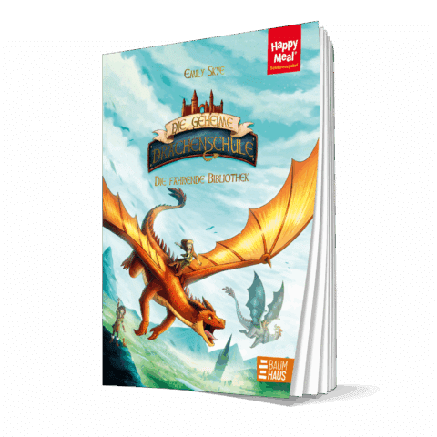 Buchcover der geheimen Drachenschule mit Drachen und Reitern auf einem Abenteuer