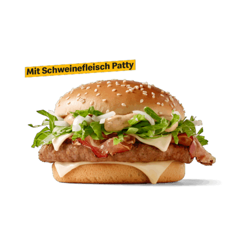 Ein saftiger Burger mit Schweinefleisch Patty, frischem Salat, Zwiebeln und einer cremigen Sauce auf einem Sesambrötchen.