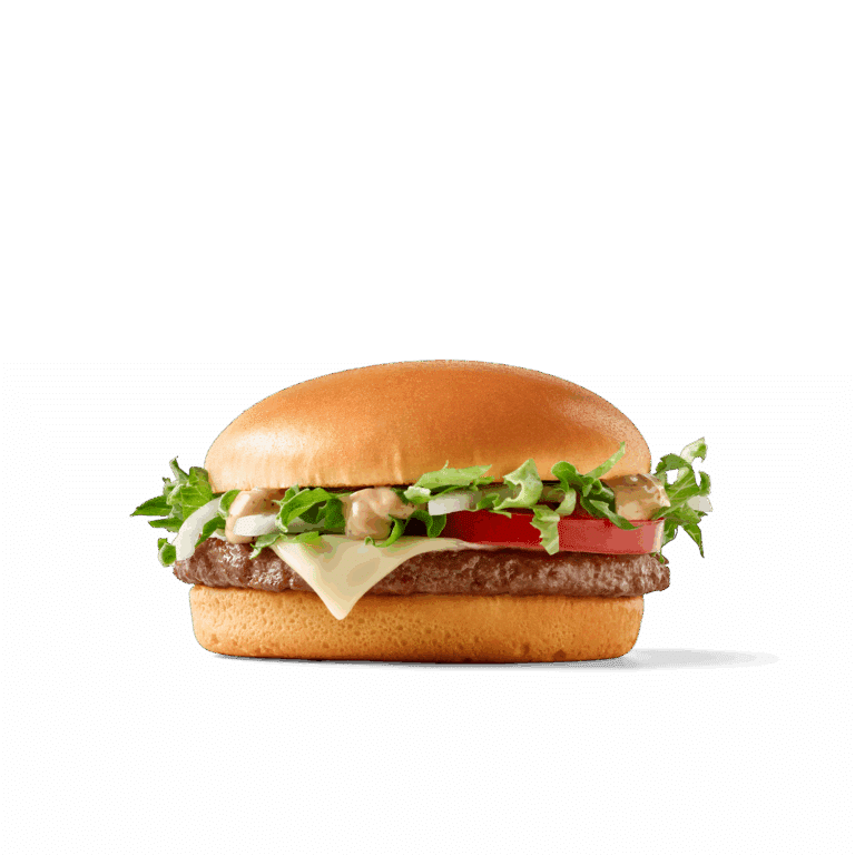 Saftiger Burger mit zartem Patty, frischem Salat, Tomaten, Zwiebeln und einer cremigen Sauce auf einem hellen Brötchen