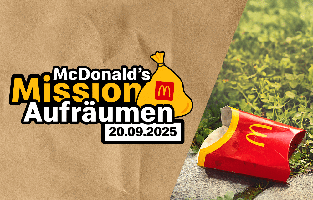 Logo von McDonald's Mission Aufräumen mit einem abgebildeten Mülleimer und einer leeren Pommesverpackung auf dem Boden.