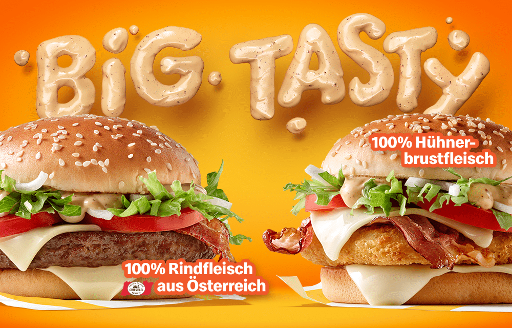 Zwei leckere Big Tasty Burger mit frischen Zutaten und zwei verschiedenen Fleischsorten, Rindfleisch aus Österreich und Hühnerbrustfleisch.