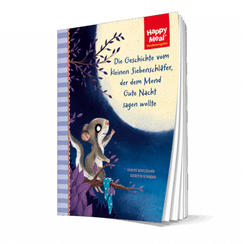 Bilderbuch mit dem Titel 'Die Geschichte vom kleinen Siebenschläfer, der dem Mond Gute Nacht sagen wollte' von Sabine Bohlmann und Kerstin Schoene. Ein kleiner Siebenschläfer sitzt auf einem Ast unter einem Mond.