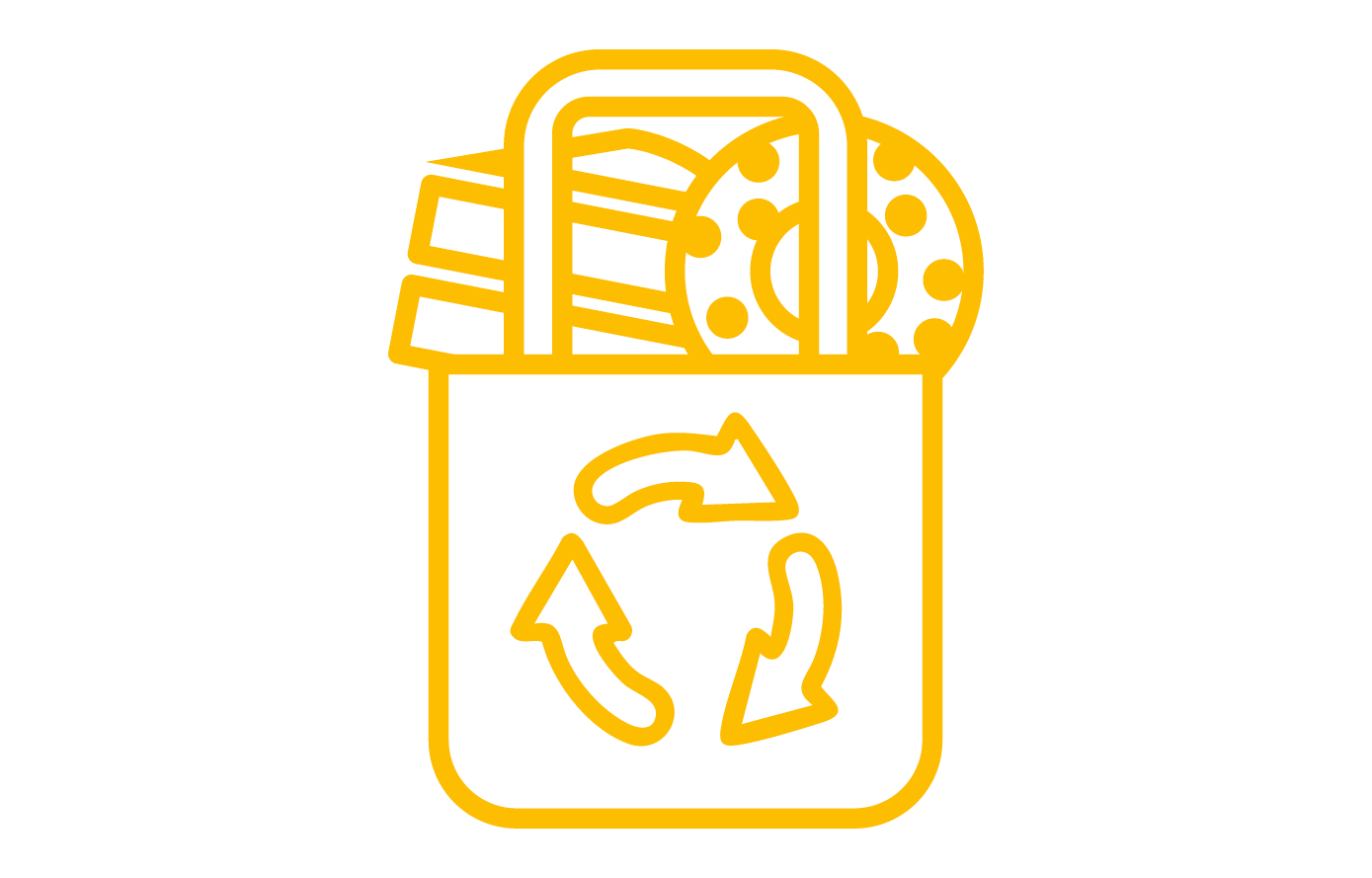 Symbol für Recycling von Lebensmitteln, dargestellt durch eine Tasche mit Lebensmitteln und einem Recycling-Symbol.