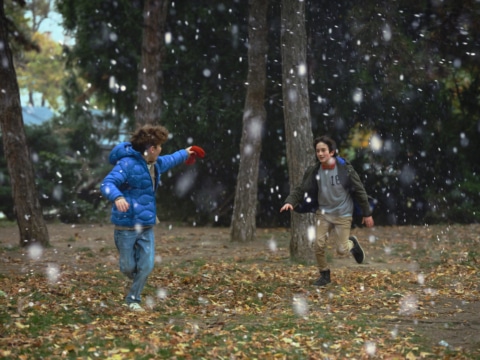Zwei Jungen spielen fröhlich im Schnee in einem Park, umgeben von herbstlichen Blättern und Bäumen.