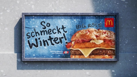 Winter-Werbung für Big Rösti von McDonald's mit einem Hamburger und der Aufschrift 'So schmeckt Winter!'