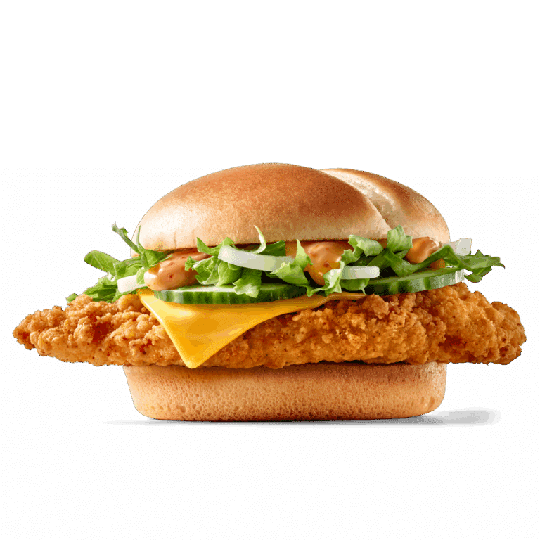 Saftiger Hühnchenburger mit knuspriger Panade, Cheddar-Käse und frischem Gemüse auf einem Brötchen