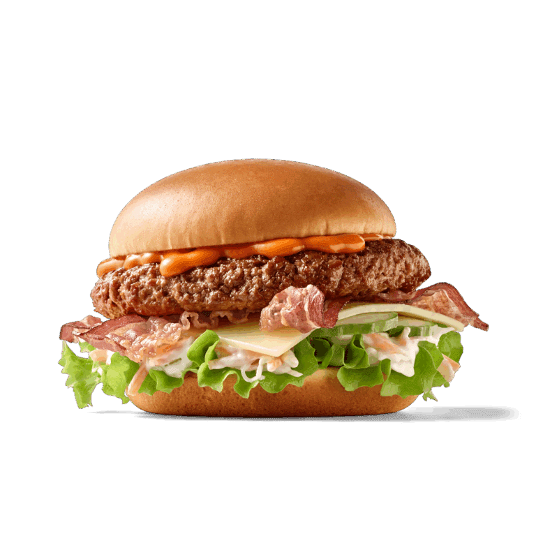 Ein köstlicher Hamburger mit Bacon, Salat und Sauce.