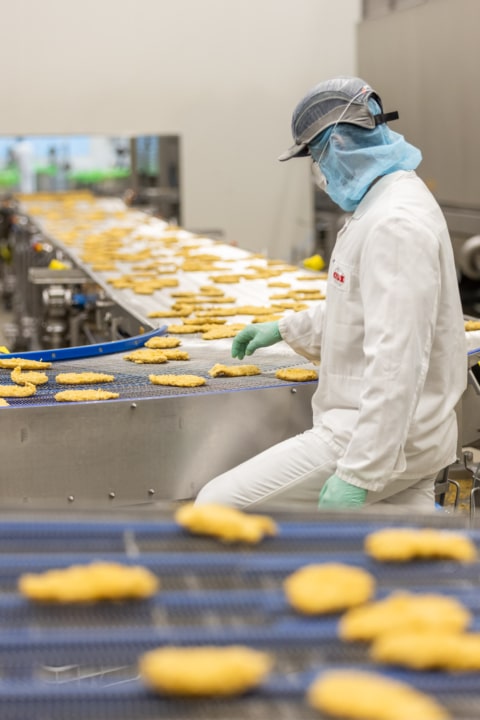 Arbeiter in Schutzkleidung überwacht die Produktion von Lebensmitteln in einer modernen Fabrik.