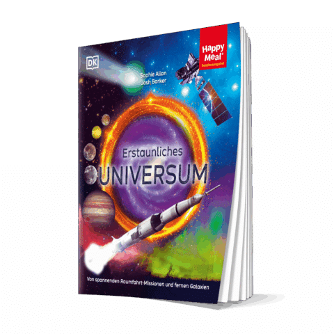 Buchcover des Titels 'Erstaunliches Universum' mit Illustrationen von Planeten, Raketen und Galaxien.