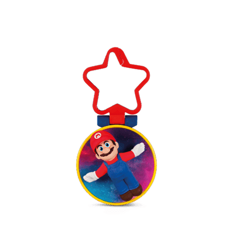 Spielzeug-Medaille mit einer Figur von Mario, im galaktischen Design