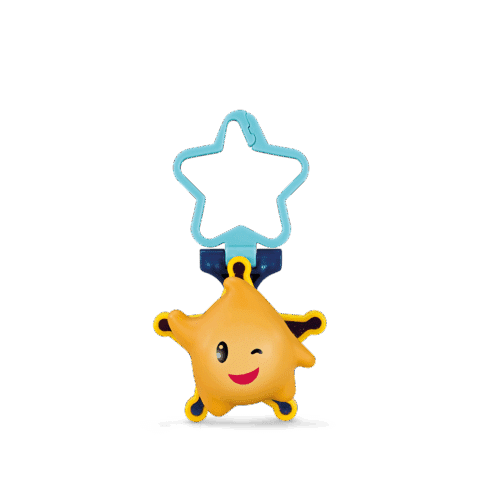 Fröhlicher gelber Stern mit winkendem Gesicht und blauem Sternanhänger