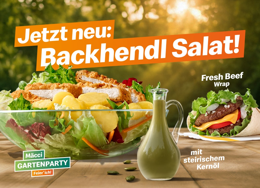 Jetzt neu: Frischer Backhendl Salat mit leckerem Kernöl-Dressing.